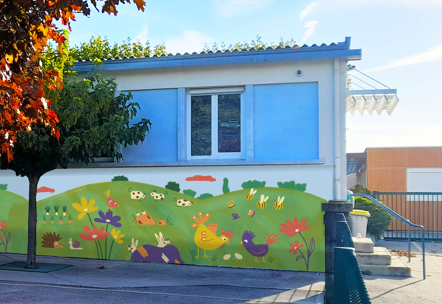 peinture murale extérieure sur le mur d'une école maternelle