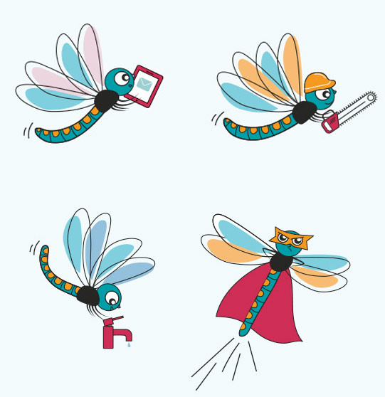 Création d’une mascotte libellule : un personnage attachant sur le thème de la préservation de l’eau.